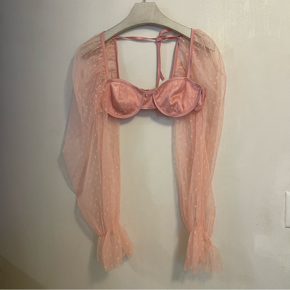 Fashion Nova Top Bustier Pink Polka dot Sheer Long Sleeves Sexy Party Small - Picture 12 of 17